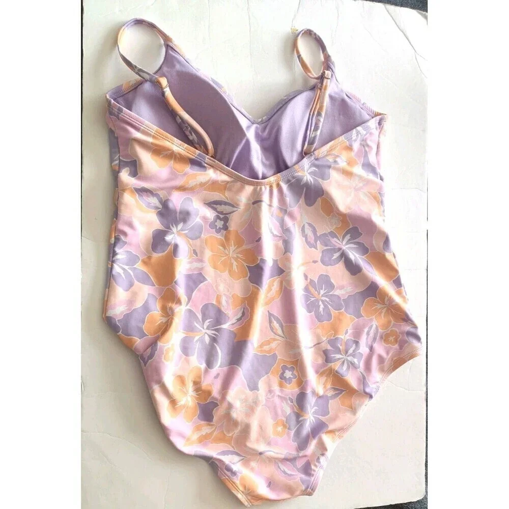 Ninety Nine One Piece Swimsuit Size 1X Purple Floral Print Ruched Resort Pool